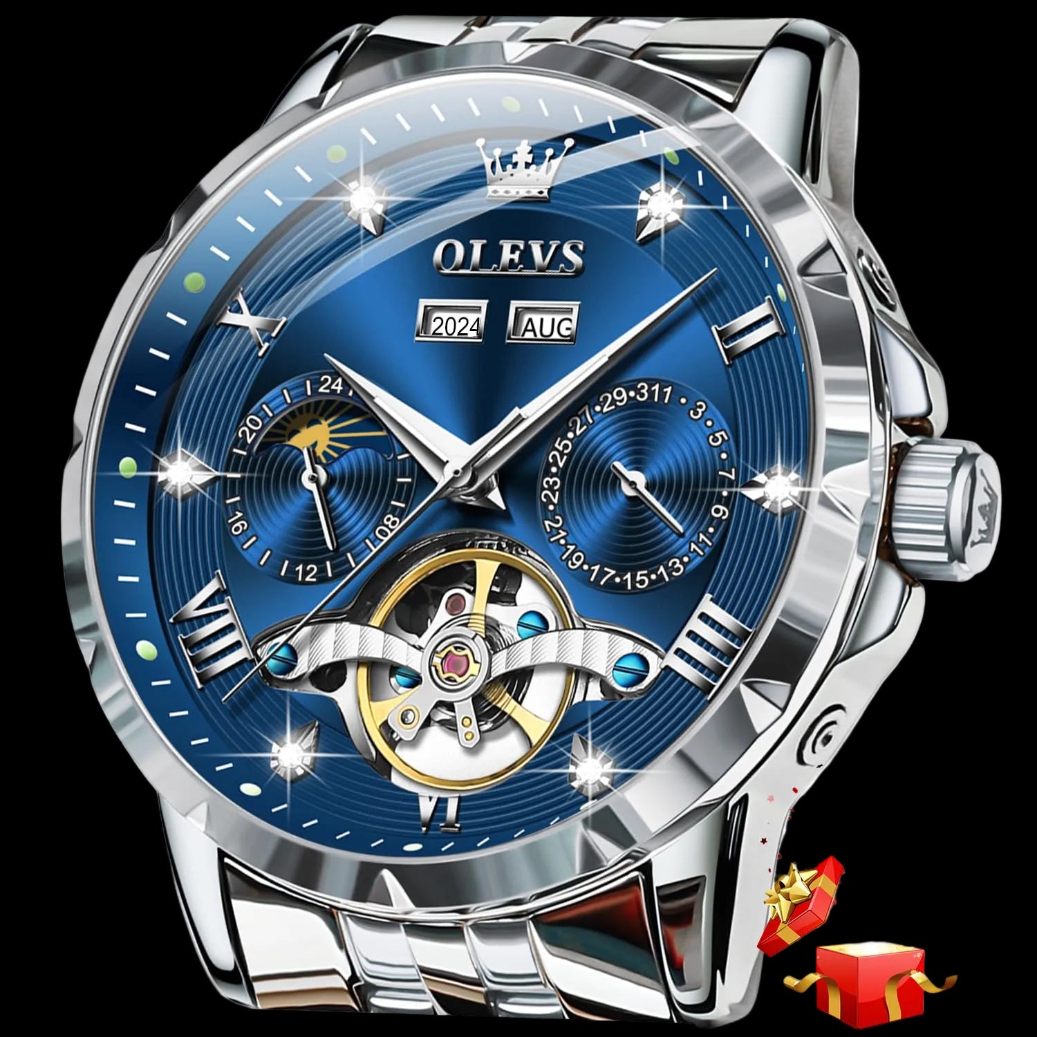 OLEVS Mens Watch Luxury Dress Diamond Self Winding Skeleton Tourbillion For Men
