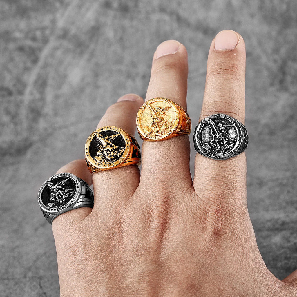 Archangel Saint Michael Exorcism Stainless Steel Mens Rings Punk Amulet for Male Boyfriend Jewelry Creativity Gift Wholesale