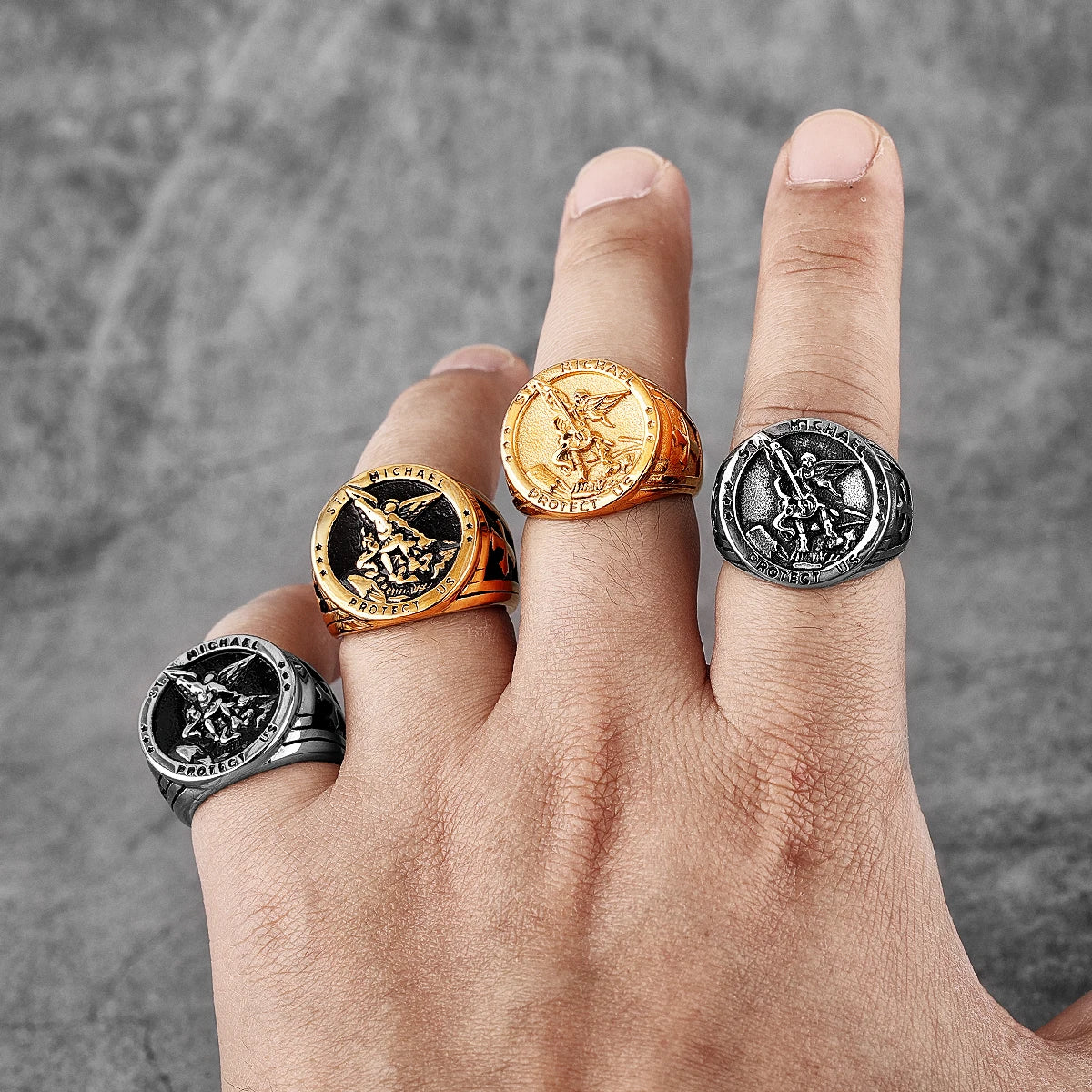 Archangel Saint Michael Exorcism Stainless Steel Mens Rings Punk Amulet for Male Boyfriend Jewelry Creativity Gift Wholesale