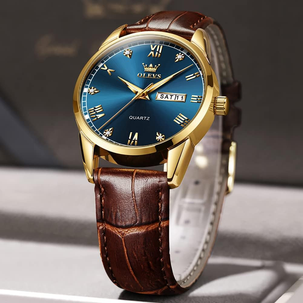 Brown Mens Leather Watch Dress Casual Day Date Quartz Wrist Watch