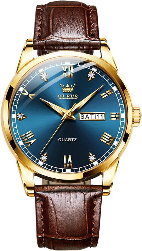 Brown Mens Leather Watch Dress Casual Day Date Quartz Wrist Watch