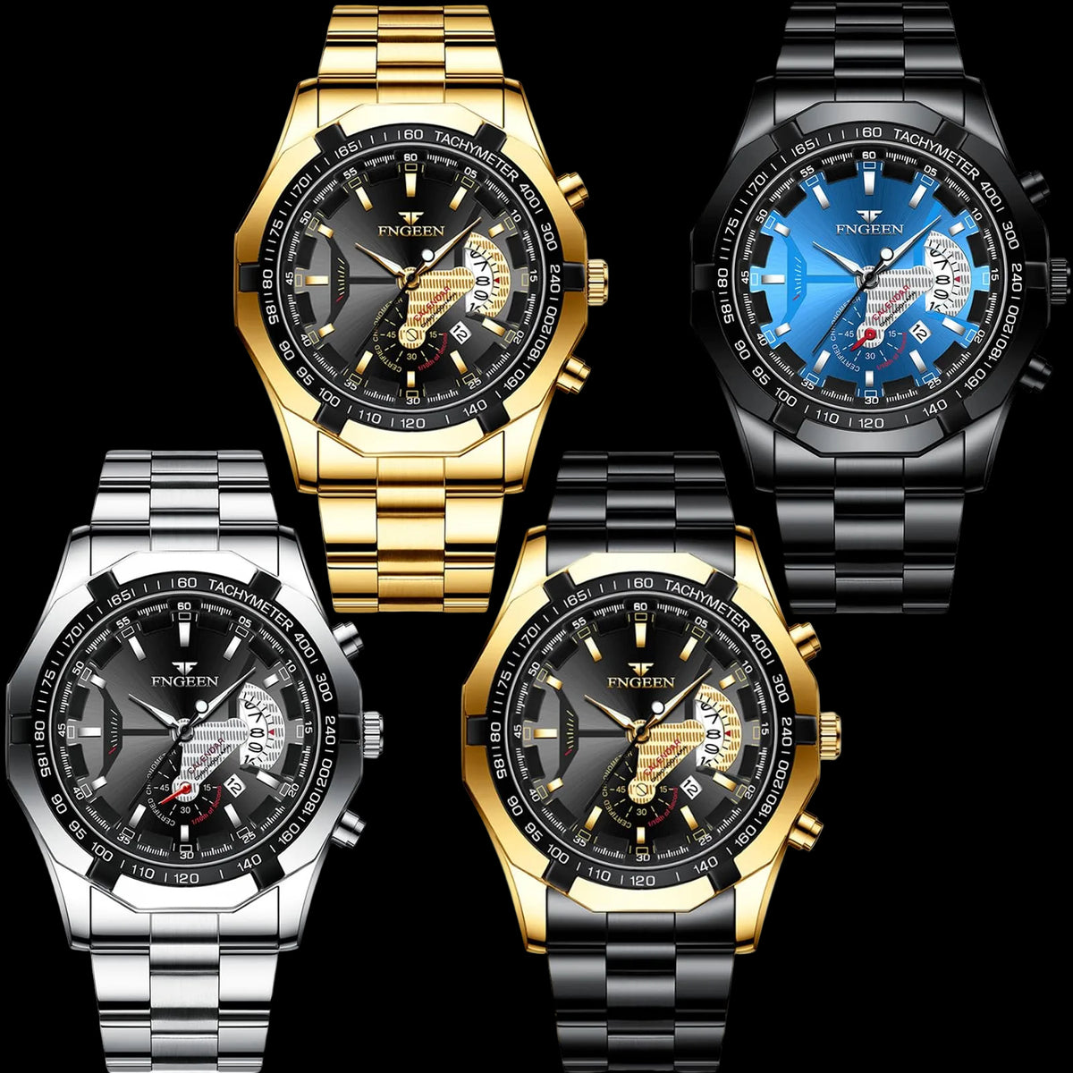 4 Pack Mens Steel Watches Date Luminous Big Face Gold And Silver Black Blue Analog Quartz Wrist Watch Set