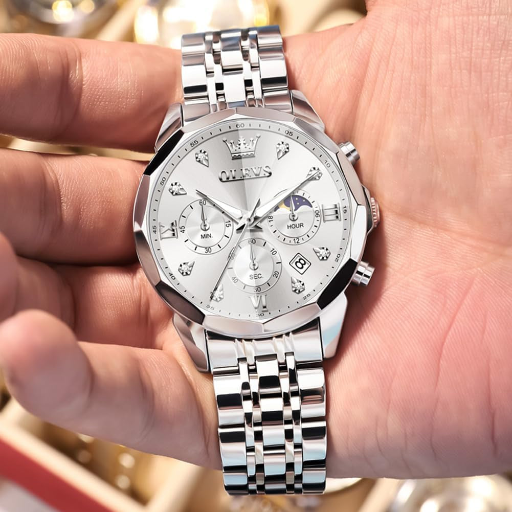 Watches for Men Luxury Diamond Casual Large Dial Watches Stainless Steel Waterproof Business Dress Analog Luminous Date Mens Watches