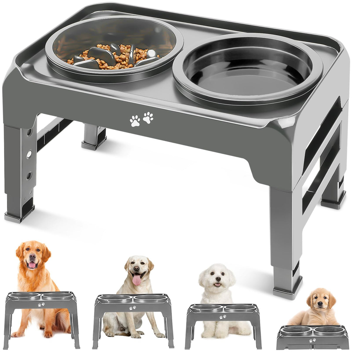 2-in-1 Dog Feeder with Slow Feeder Dog With 4 Heights Adjustable Raised