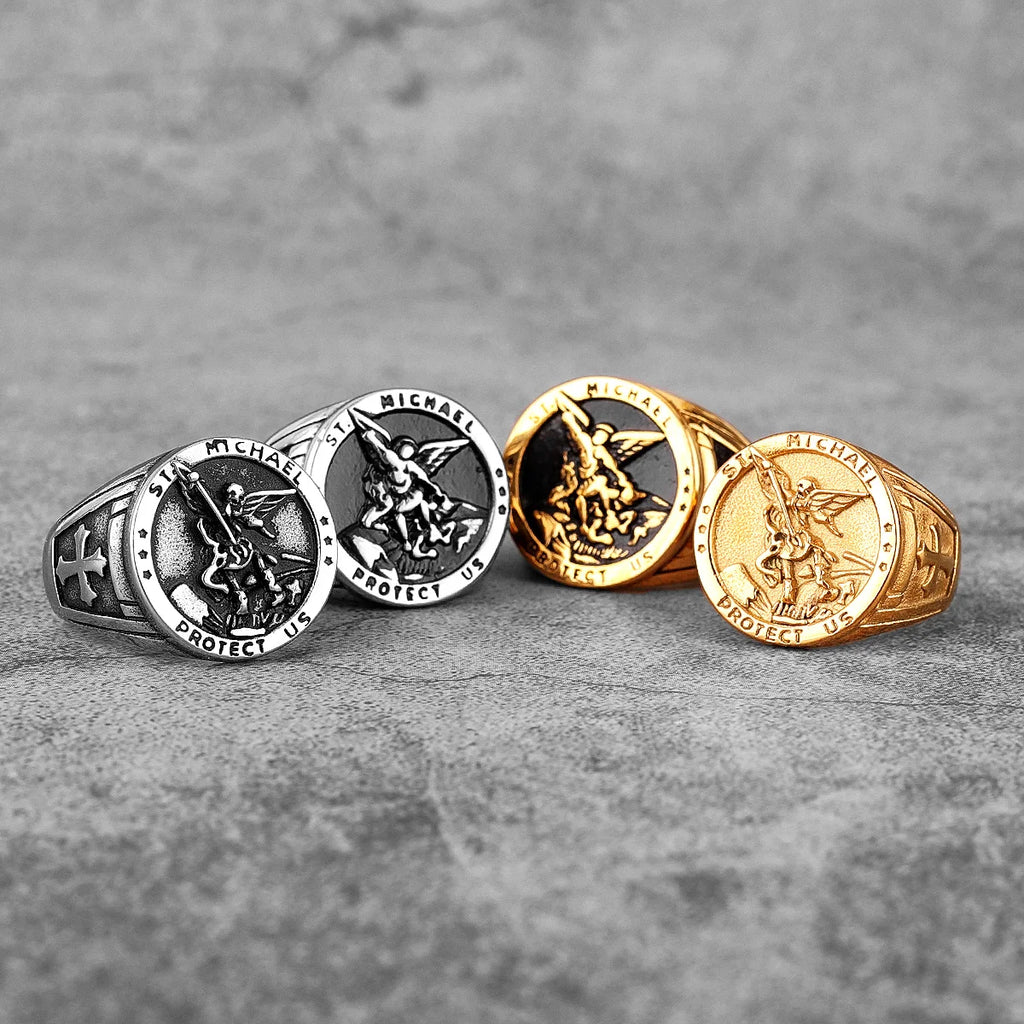 Archangel Saint Michael Exorcism Stainless Steel Mens Rings Punk Amulet for Male Boyfriend Jewelry Creativity Gift Wholesale