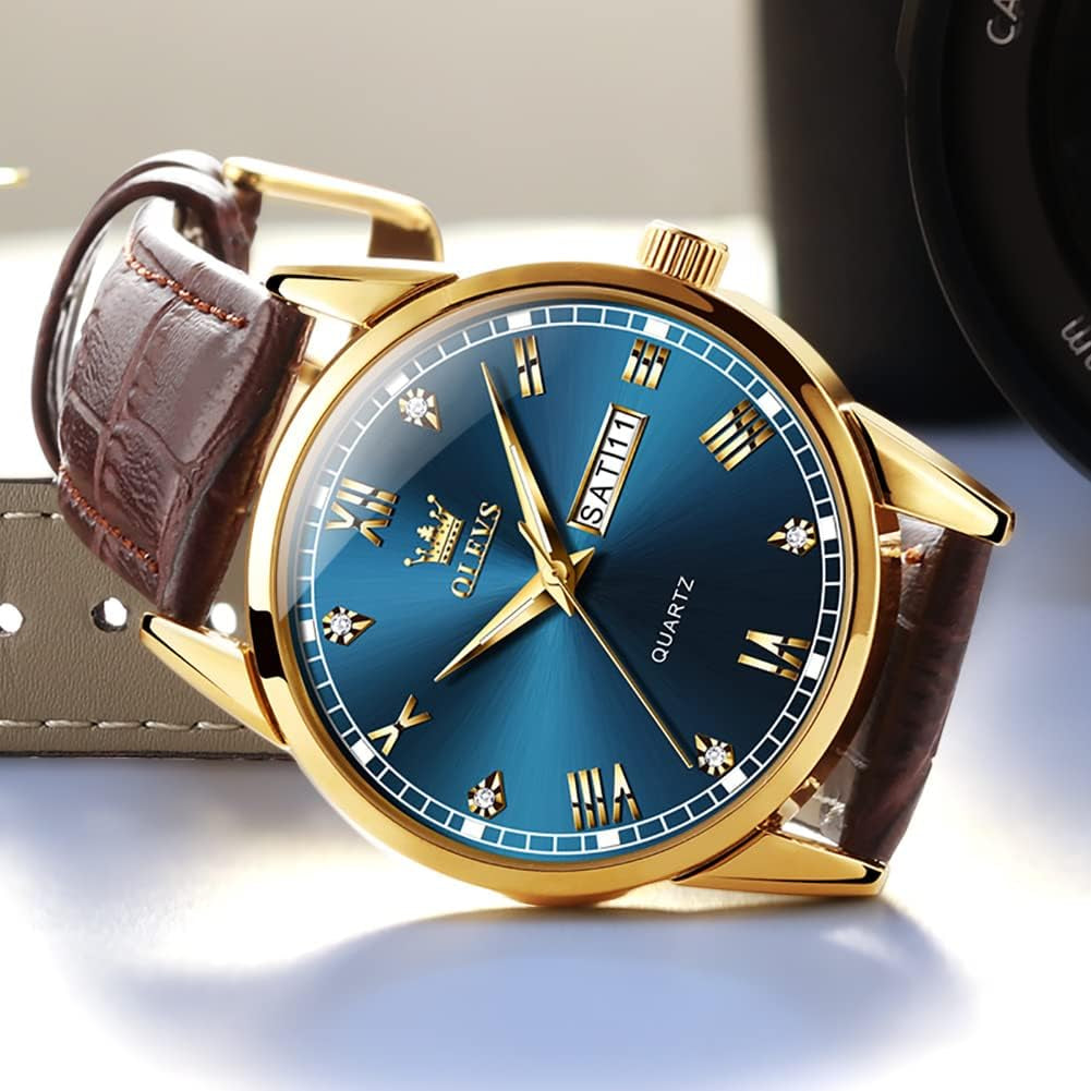 Brown Mens Leather Watch Dress Casual Day Date Quartz Wrist Watch