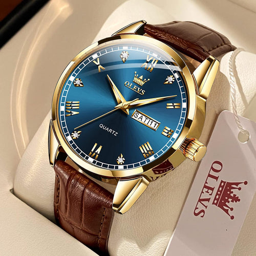 Brown Mens Leather Watch Dress Casual Day Date Quartz Wrist Watch