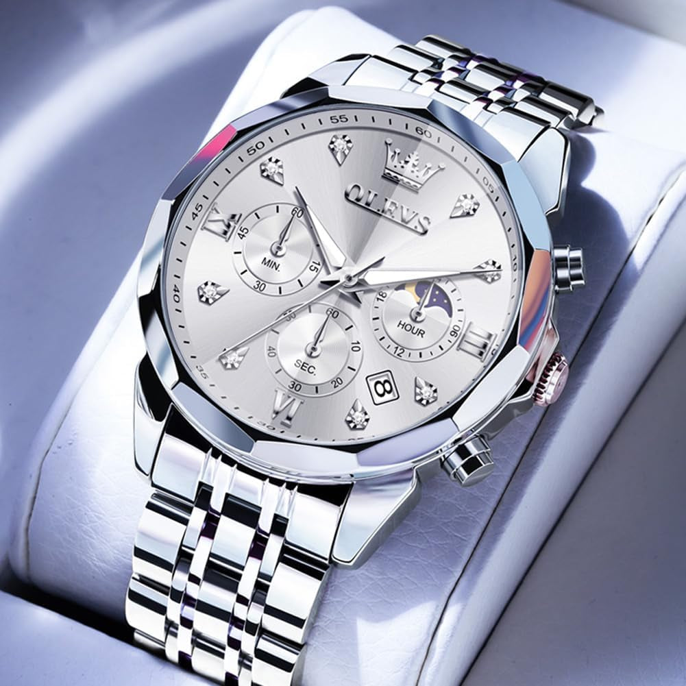 Watches for Men Luxury Diamond Casual Large Dial Watches Stainless Steel Waterproof Business Dress Analog Luminous Date Mens Watches