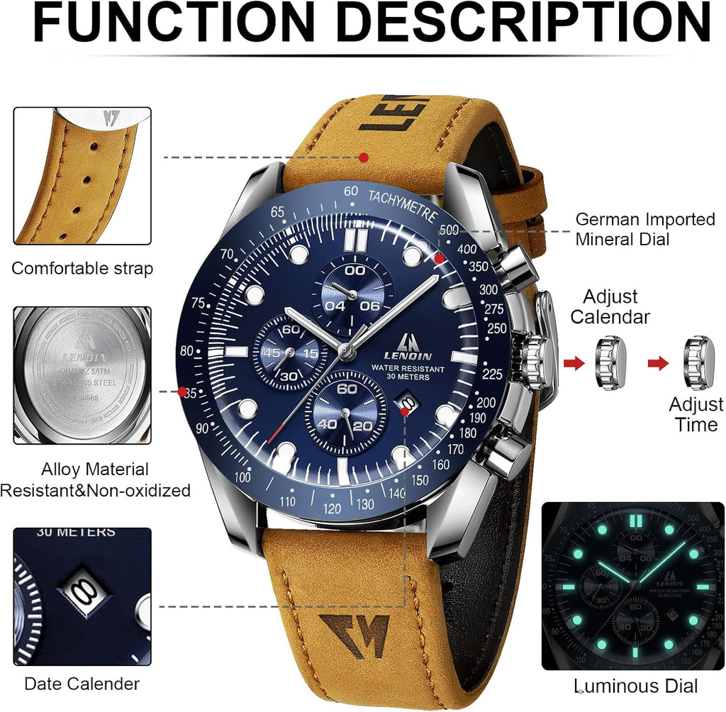 Mens Watches Leather Watch Luminous Analog Quartz Watch for Men