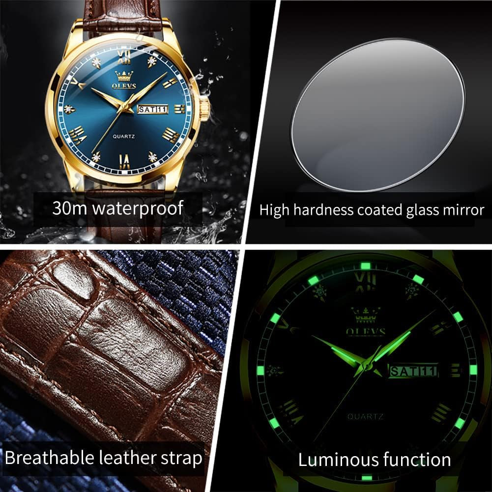Brown Mens Leather Watch Dress Casual Day Date Quartz Wrist Watch
