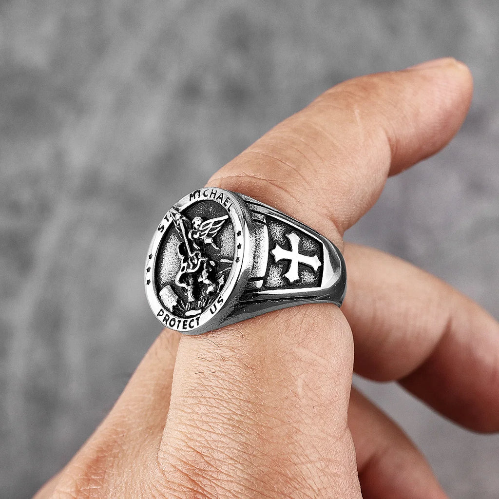 Archangel Saint Michael Exorcism Stainless Steel Mens Rings Punk Amulet for Male Boyfriend Jewelry Creativity Gift Wholesale