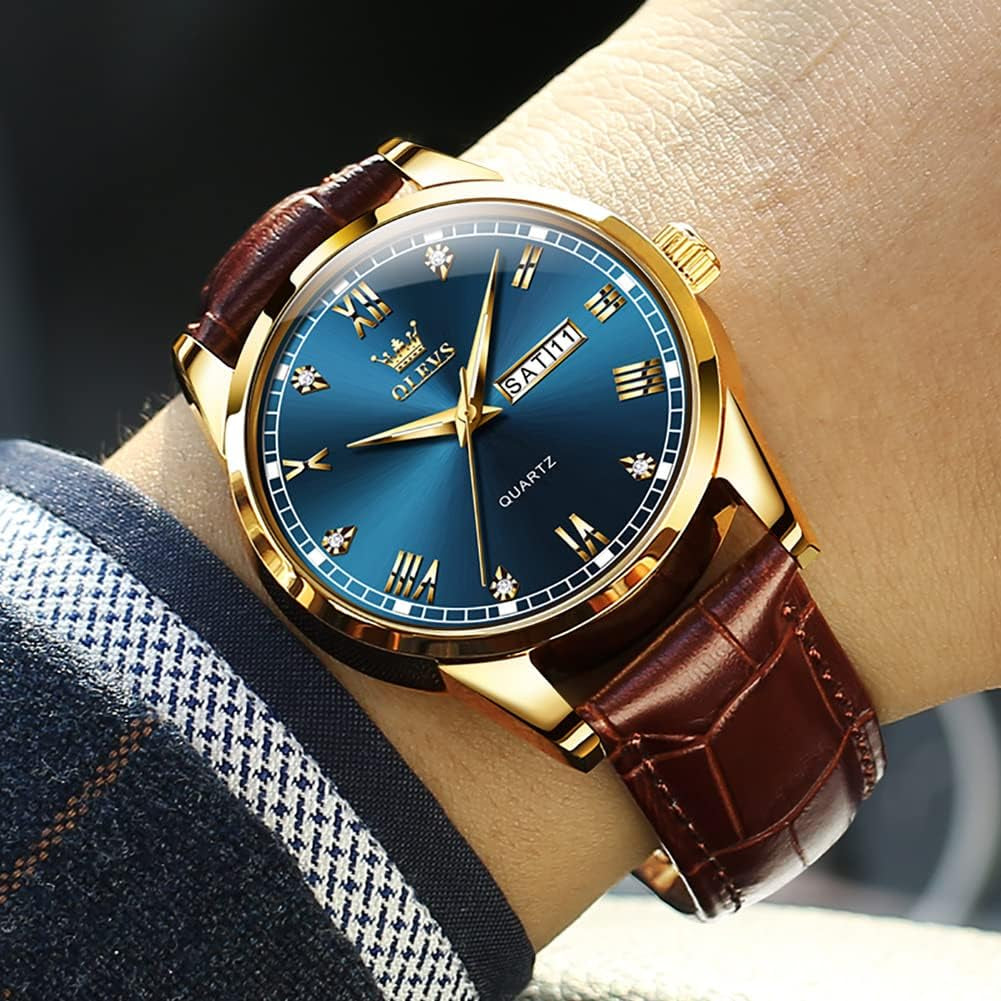 Brown Mens Leather Watch Dress Casual Day Date Quartz Wrist Watch