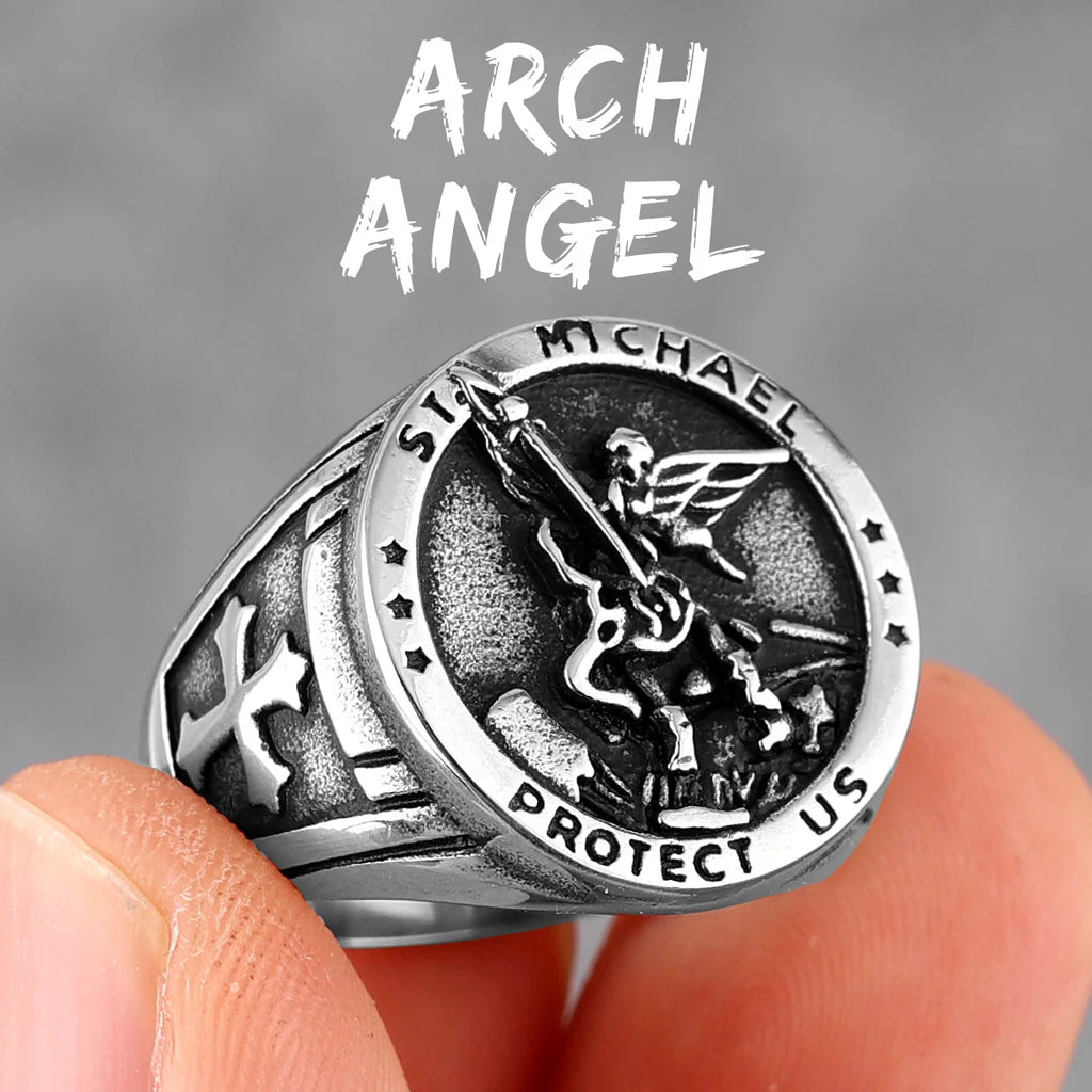 Archangel Saint Michael Exorcism Stainless Steel Mens Rings Punk Amulet for Male Boyfriend Jewelry Creativity Gift Wholesale