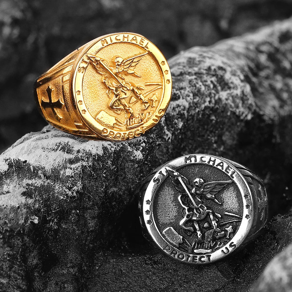 Archangel Saint Michael Exorcism Stainless Steel Mens Rings Punk Amulet for Male Boyfriend Jewelry Creativity Gift Wholesale