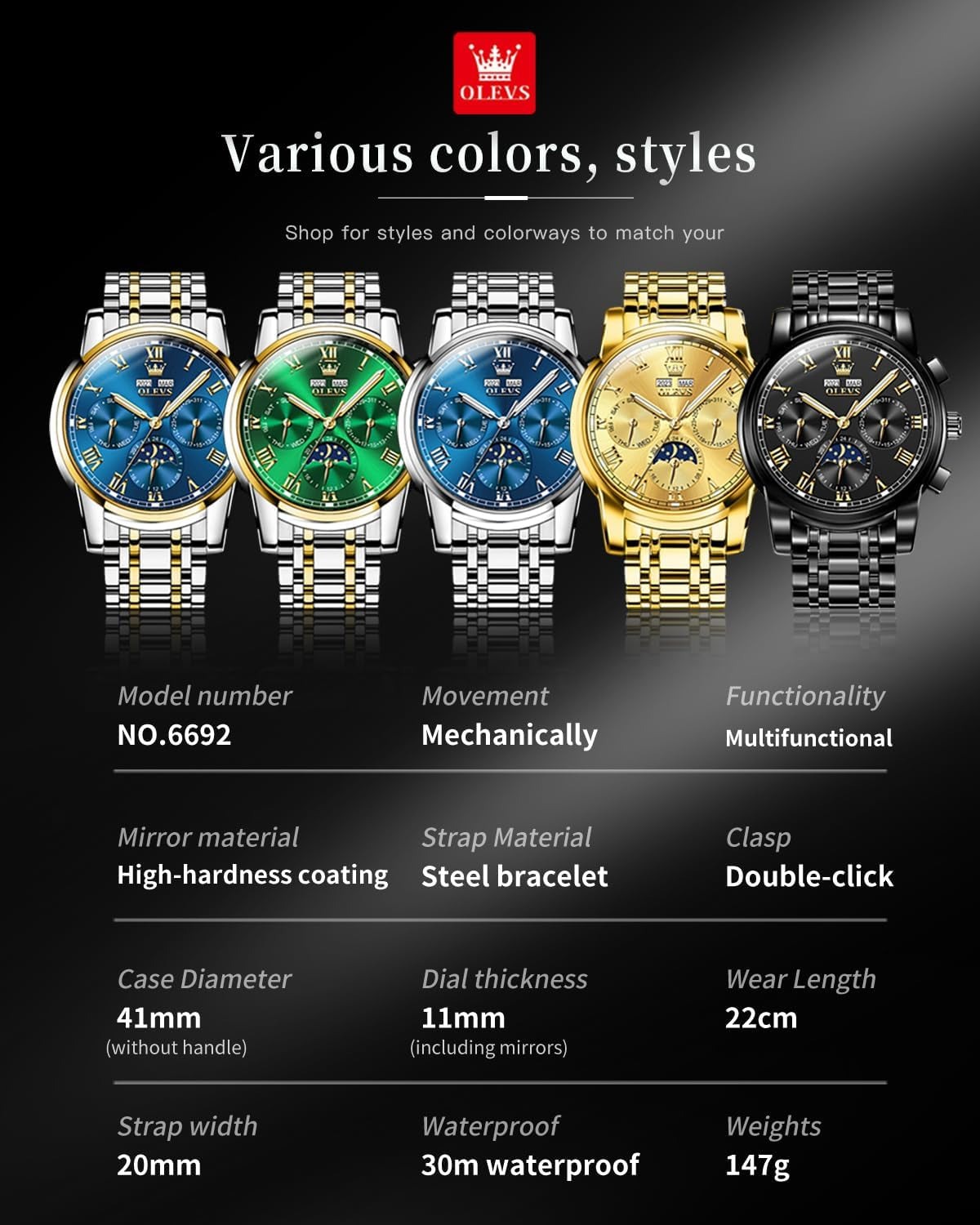 Mens Automatic Watches Self Winding Mechanical Luxury Dress Stainless Steel Waterproof Wrist Watches for Men