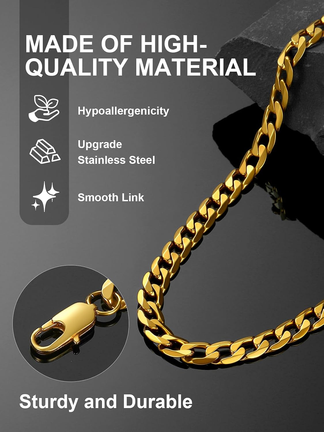 Gold Cuban Link Chain/Silver Men’S Chain/Black Necklace