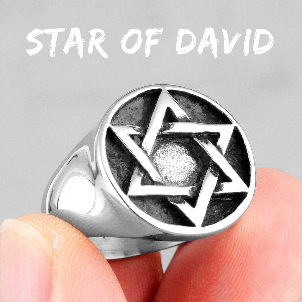 Judaism Hexagram Star of David Stainless Steel Mens Rings Religion for Male Boyfriend Biker Jewelry Creativity Gift Wholesale