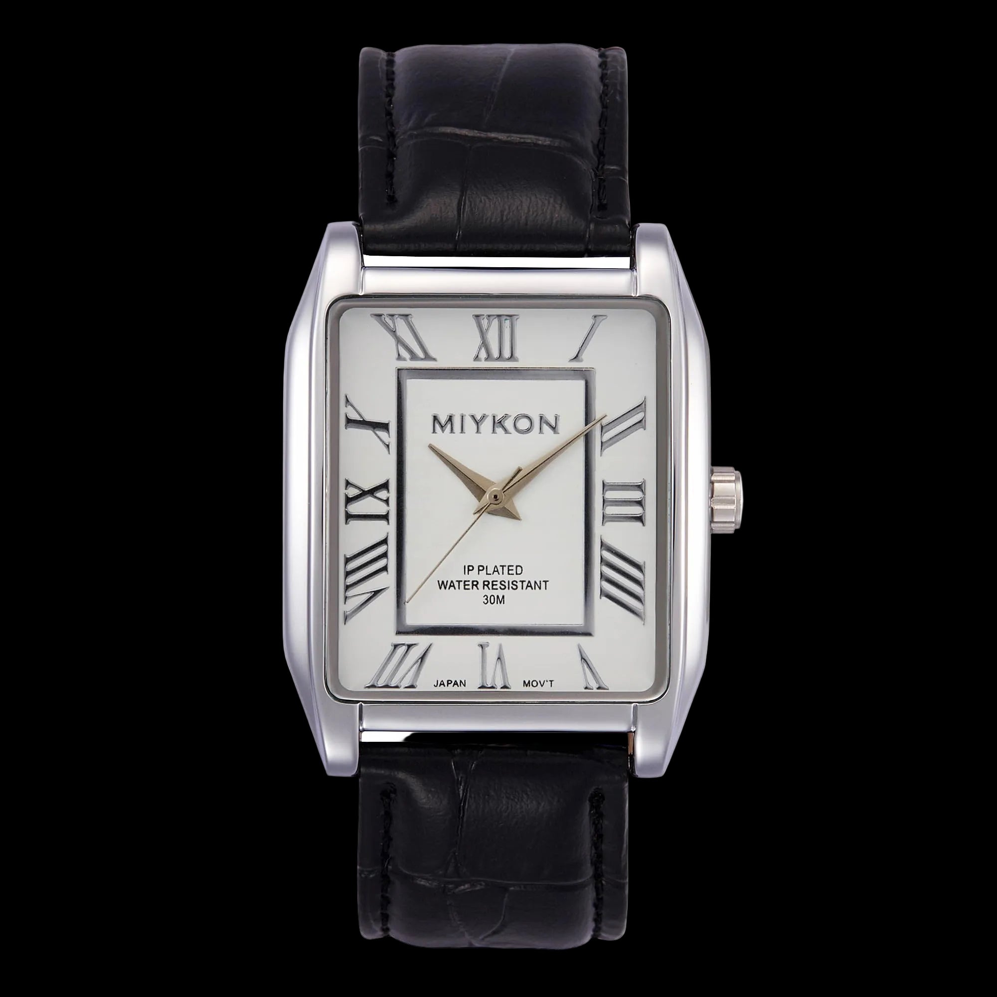 Rectangular Black Genuine Leather Strap Watches for Men - 38mm Ion-Polished